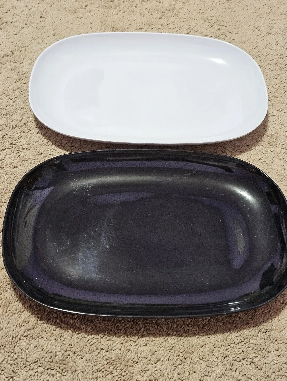 Vintage Melamine Plates Set of 2 Black & White Oval 15 in Long Dinnerware